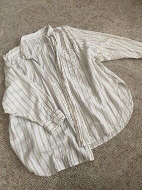 aerie Oversized Striped Button-Down in White & Tan